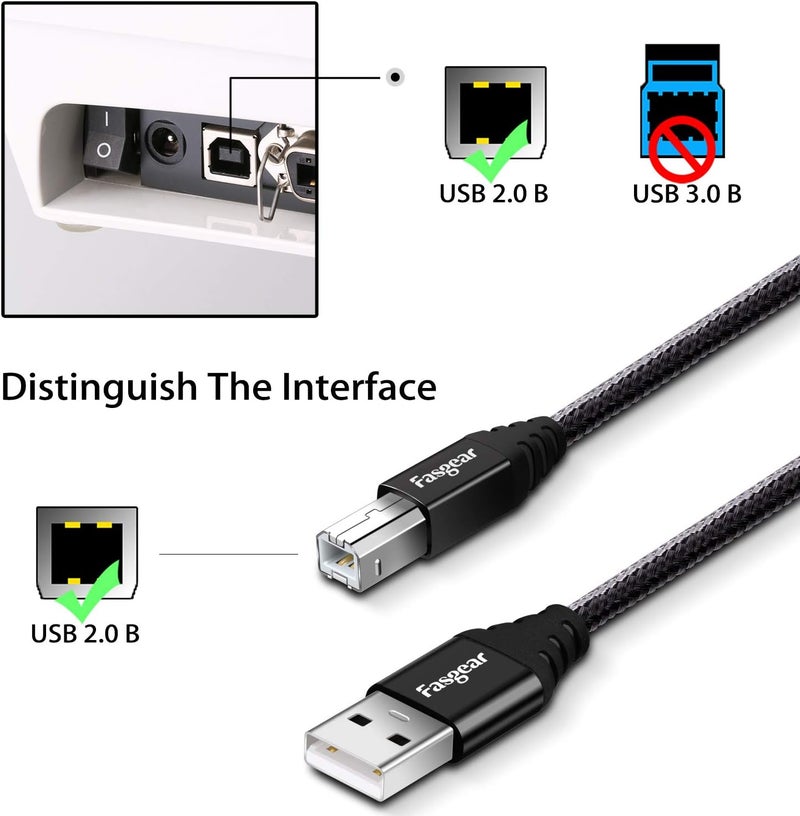 فاسجير كابل طابعة USB من Fasgear USB 2.0، عبوة واحدة بطول 6 أقدام، ذكر من النوع A إلى ذكر من النوع B، كابل ماسح ضوئي عالي السرعة لطابعات Canon وHP وBrother وLexmark وEpson وDell وSamsung وKyocera وغيرها (أسود) - Image 2