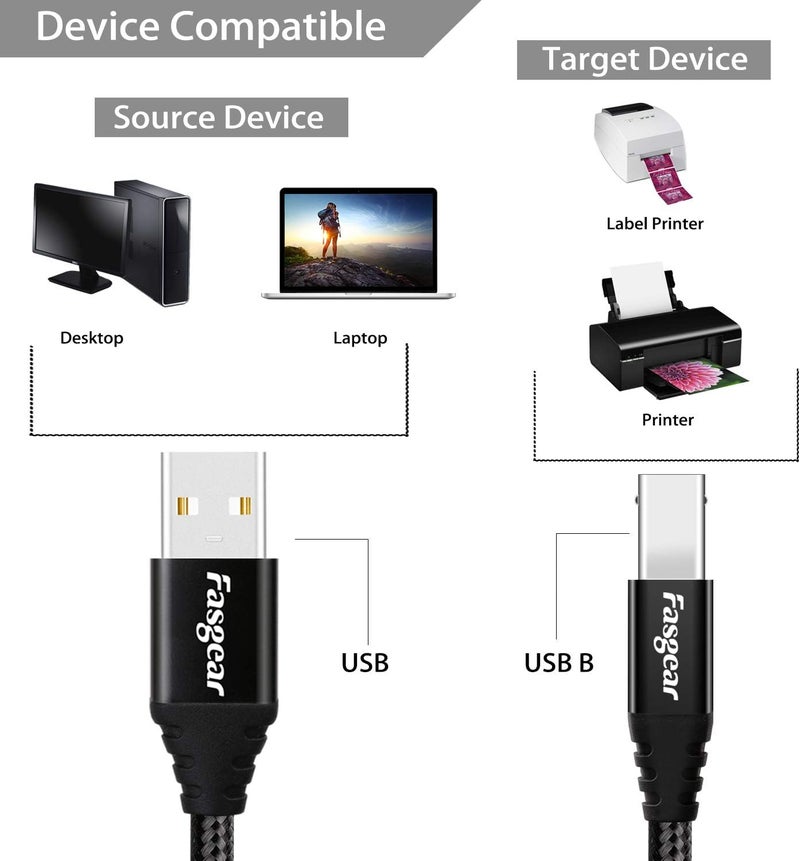 فاسجير كابل طابعة USB من Fasgear USB 2.0، عبوة واحدة بطول 6 أقدام، ذكر من النوع A إلى ذكر من النوع B، كابل ماسح ضوئي عالي السرعة لطابعات Canon وHP وBrother وLexmark وEpson وDell وSamsung وKyocera وغيرها (أسود) - Image 5