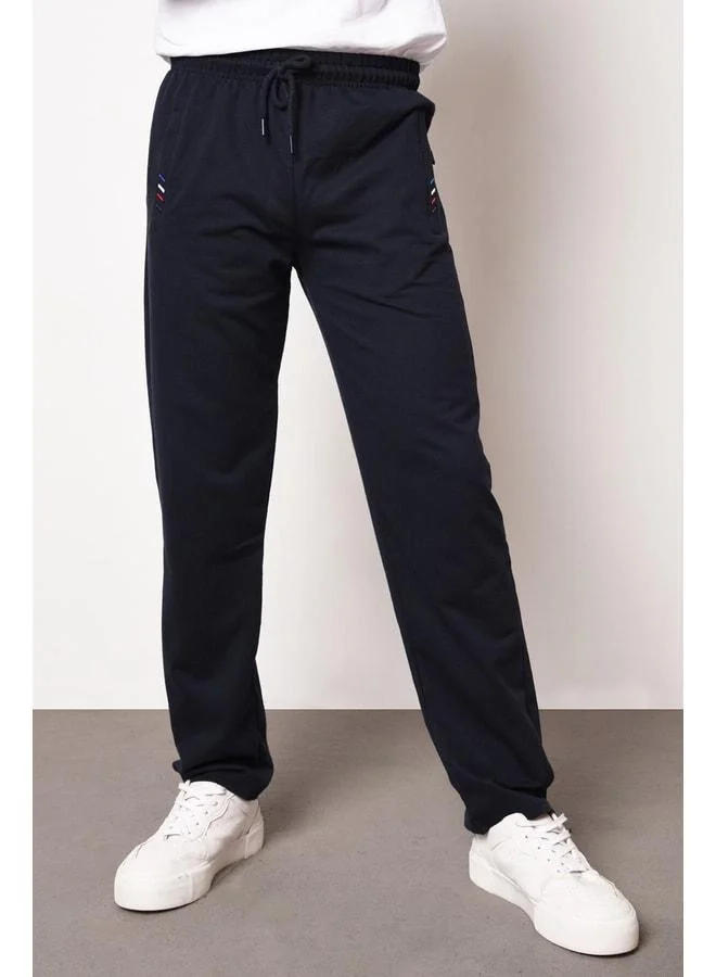 Navy Men's Sweatpants with Zippered Pockets, Embroidery Details, Straight Leg, and Relaxed Fit