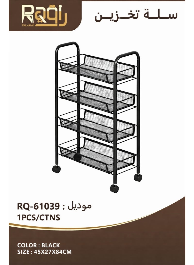 Raqi 4-Tier Metal Rolling Storage Rack with Wheels – Multi-Purpose Storage Shelves for Kitchen, Bathroom & Laundry Room – Space Saving Organizer – Black - Image 1