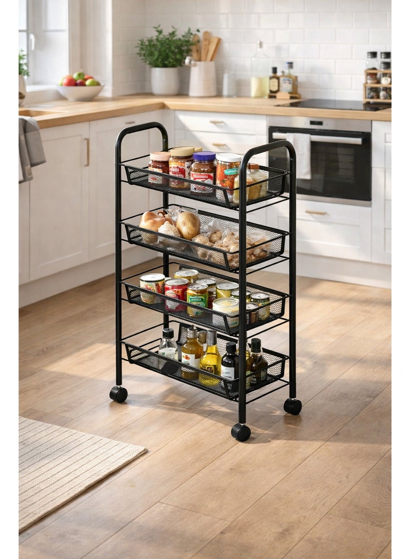 Raqi 4-Tier Metal Rolling Storage Rack with Wheels – Multi-Purpose Storage Shelves for Kitchen, Bathroom & Laundry Room – Space Saving Organizer – Black - Image 3