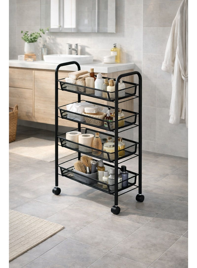 Raqi 4-Tier Metal Rolling Storage Rack with Wheels – Multi-Purpose Storage Shelves for Kitchen, Bathroom & Laundry Room – Space Saving Organizer – Black - Image 4