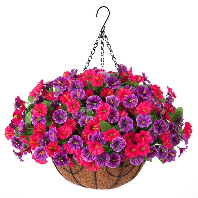 Artificial Fake Hanging Flowers with Basket Faux Silk Morning Glory Flower Arrangement for Spring Summer Decor Hanging Plant for Patio Garden Porch Outdoor Decor