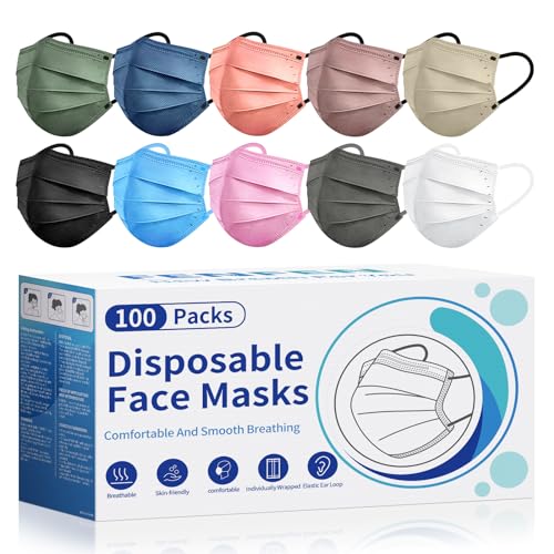 FENFEN Disposable Face Masks for Adults - 100 Pack Individually Wrapped, 4 Ply Protection, Fashion 10 Colors Facemask, Breathable and Comfortable Safety Lightweight Masks Disposable for Women & Men - Image 1