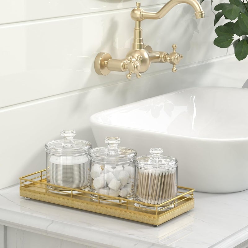 Focusonit Bathroom Tray for Counter, Oak Wooden 11.2" L Decorative Vanity Tray for Dresser Tops, Kitchen Countertop Organizer, Gold Brushing - Image 3