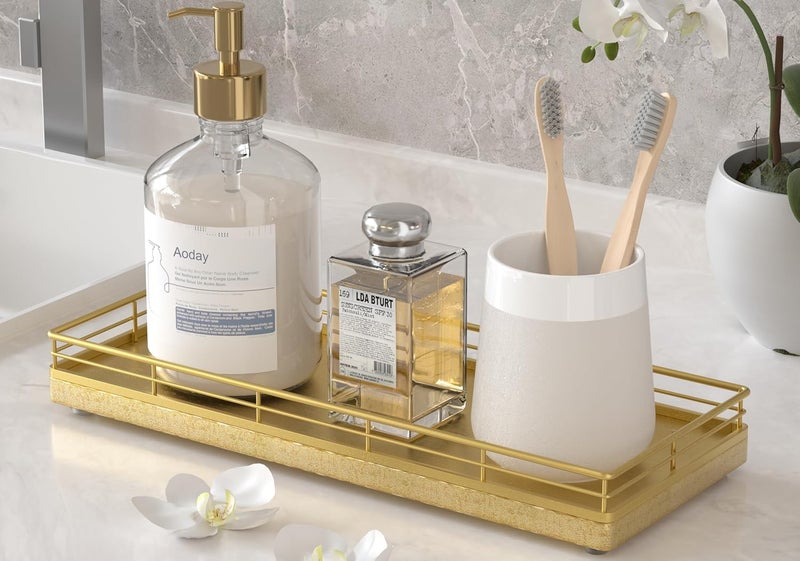 Focusonit Bathroom Tray for Counter, Oak Wooden 11.2" L Decorative Vanity Tray for Dresser Tops, Kitchen Countertop Organizer, Gold Brushing - Image 1