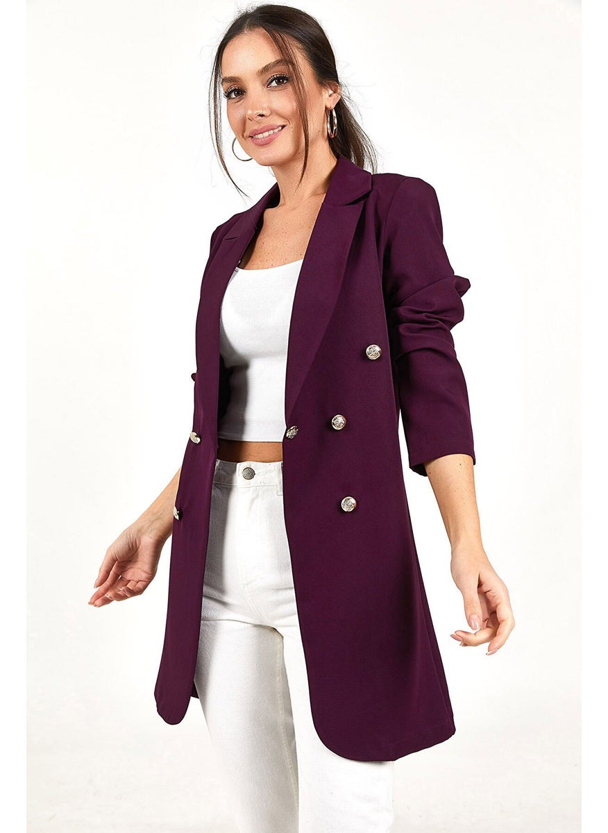 Generic 2024 New Womens Casual Solid Color Double-Breasted Mid-Long Blazer Peacock Blue  - Image 3