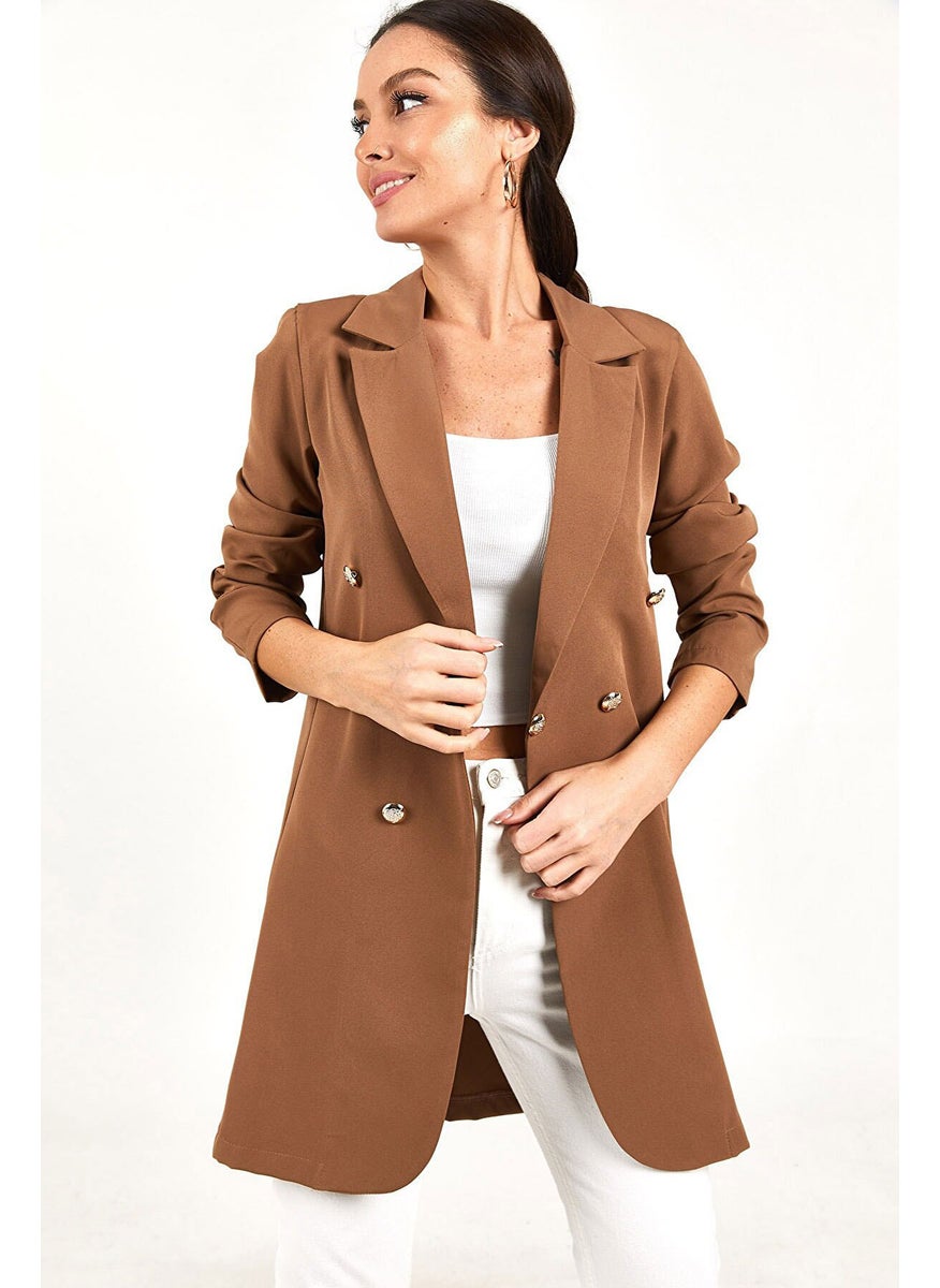 Generic 2024 New Womens Casual Solid Color Double-Breasted Mid-Long Blazer Peacock Blue  - Image 4