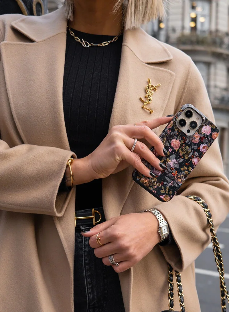 BURGA Luxury Gold Glitter Marble Phone Case Compatible with iPhone 15  Double Layer Silicone Protective Case Bloomy Garden