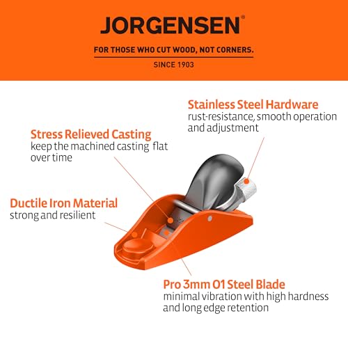 JORGENSEN 3.5" Mini Wood Planer - Mini Hand Planer for Woodworking, Block Plane, Small Hand Plane for Trimming, Wood Planing, Craft, Professional Ductile Iron Body, Adjustable Cutting Depth - Image 2