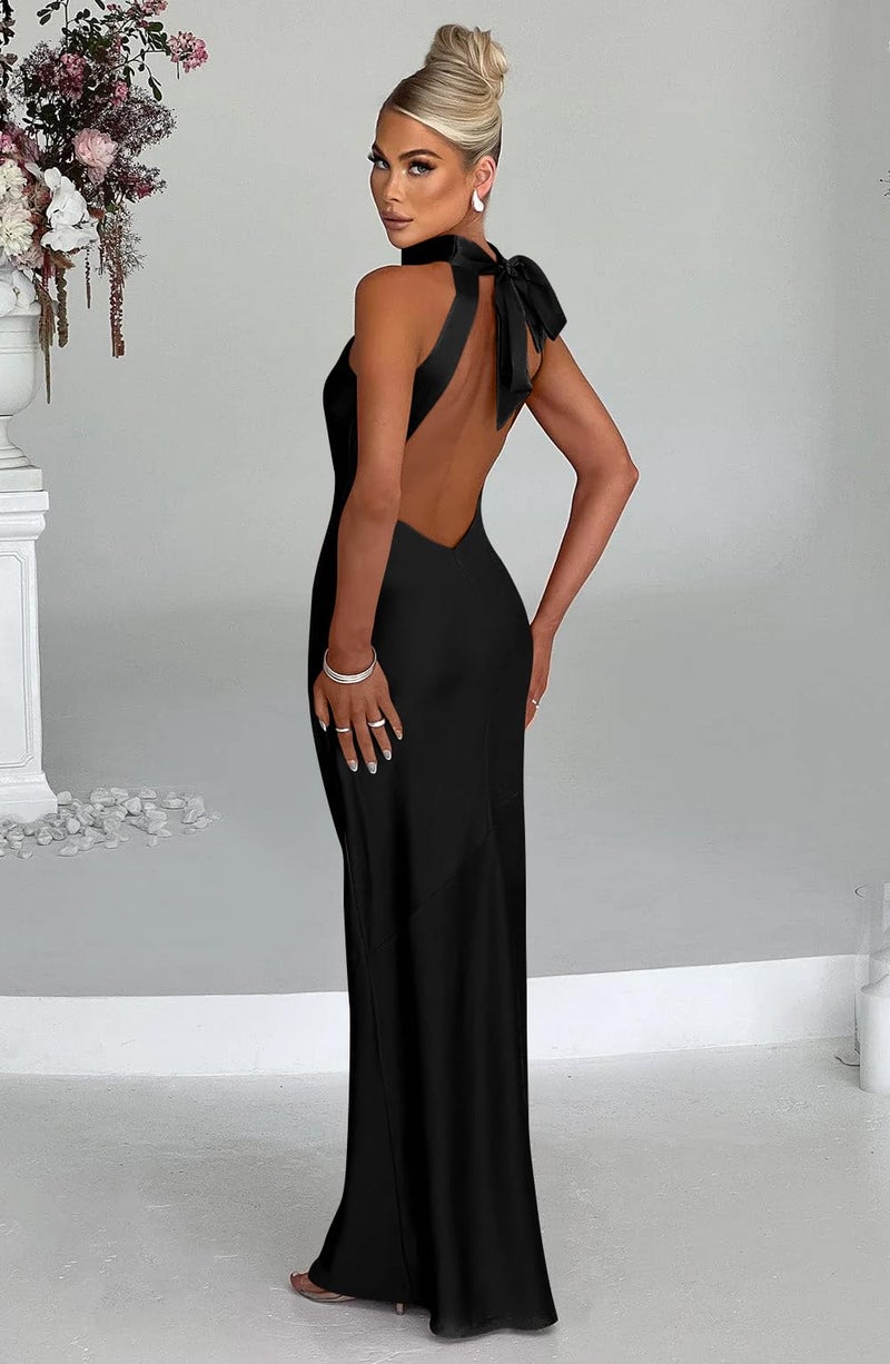 Memoriesea Women's Sexy Satin High Split Sleeveless Backless Party Wedding Maxi Dress Black - Image 4