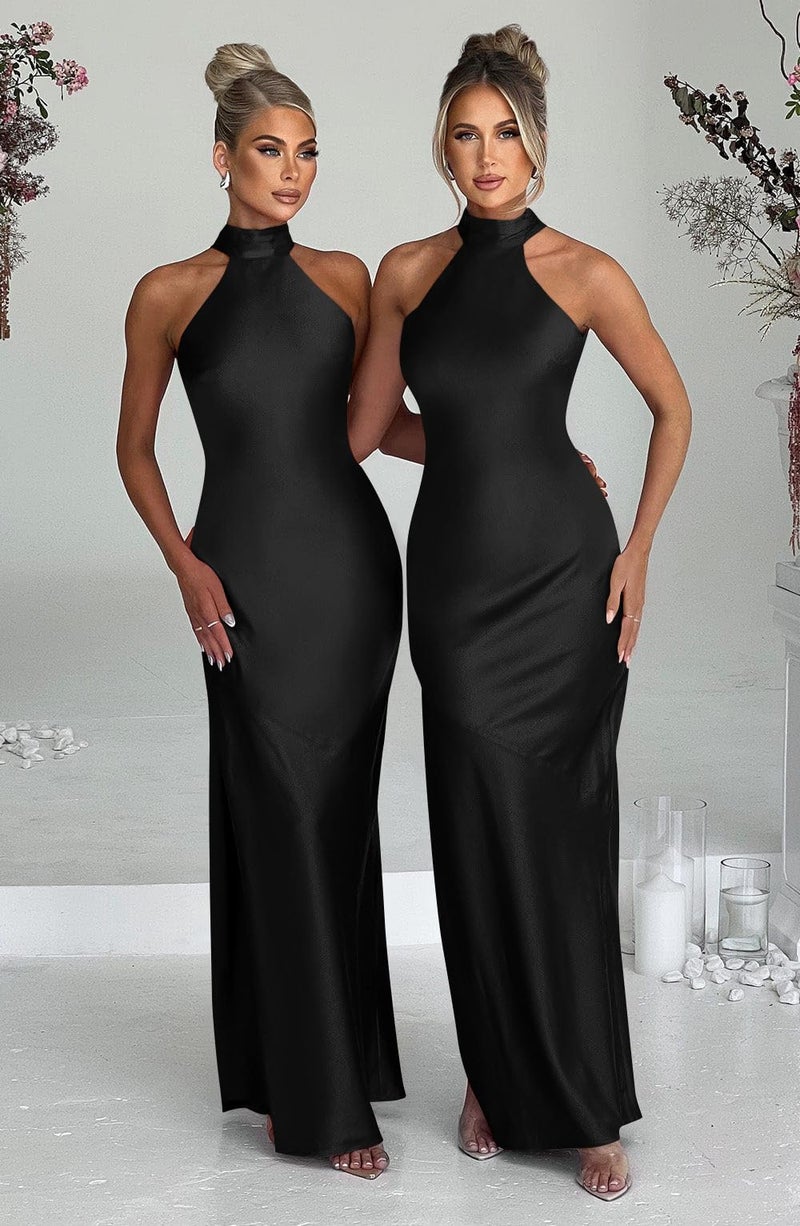 Memoriesea Women's Sexy Satin High Split Sleeveless Backless Party Wedding Maxi Dress Black - Image 5