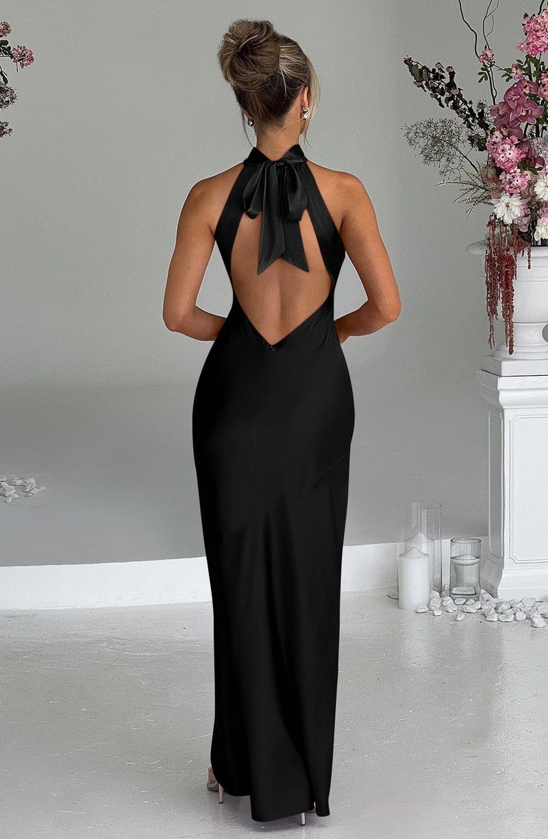 Memoriesea Women's Sexy Satin High Split Sleeveless Backless Party Wedding Maxi Dress Black - Image 3