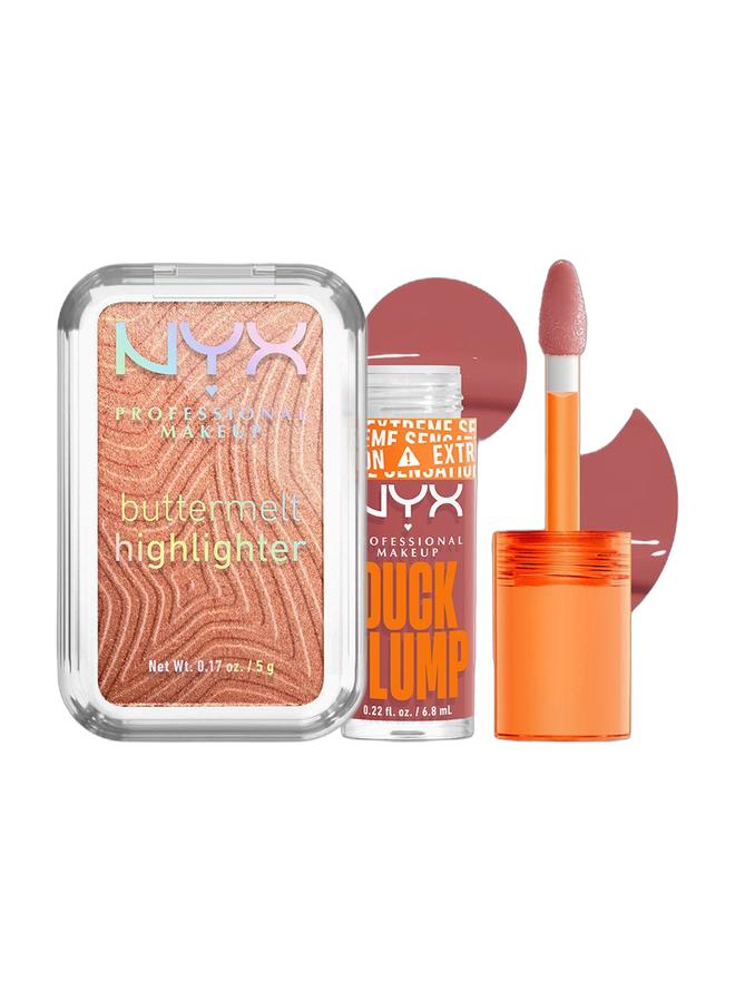 NYX PROFESSIONAL MAKEUP Buttermelt Highlighter Powder Highlighter 12 HR Wear Fade And Transfer Resistant Butta in Bronze & Duck Plump Lip Plumping Lacquer - Nude Swings Bundle - Image 1
