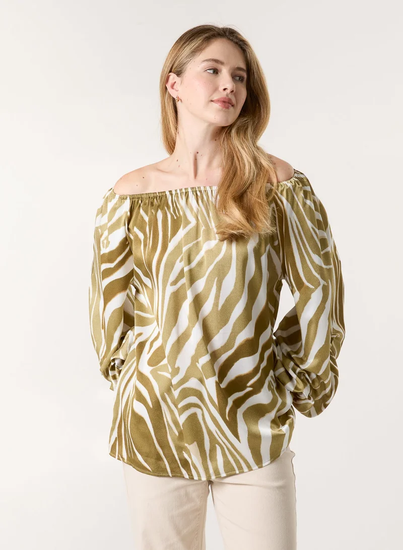 Blue Vanilla Zebra Satin Ruched Bardot Top