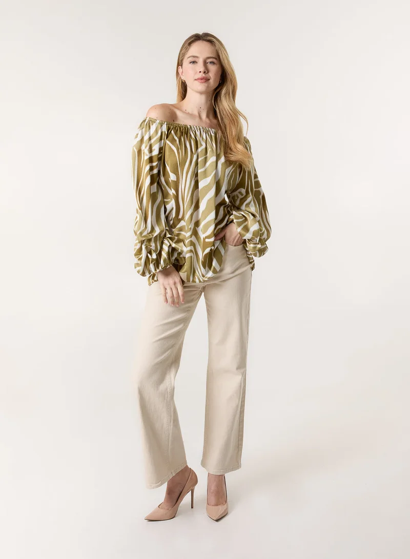 Blue Vanilla Zebra Satin Ruched Bardot Top