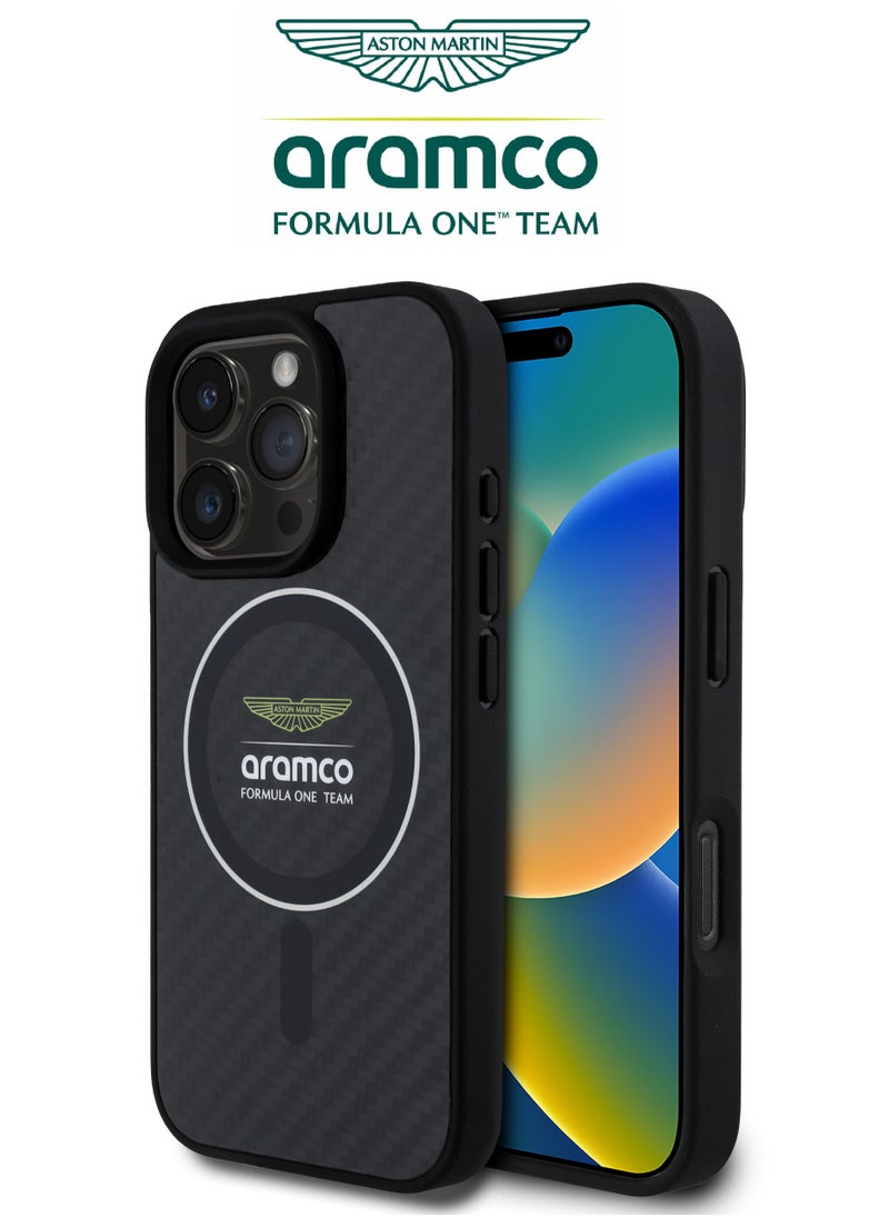 CG MOBILE iPhone 16 Pro case with strong back protection for the mobile phone. iPhone 16 Pro mobile phone case made of strong and luxurious carbon fiber. iPhone 16 Pro cover with a luxurious French design. Original cover iphone 16 pro certified by the global brand Aston Martin (Aramco). Mobile iphone cover supports wireless charging MagSafe. Black.  - Image 1