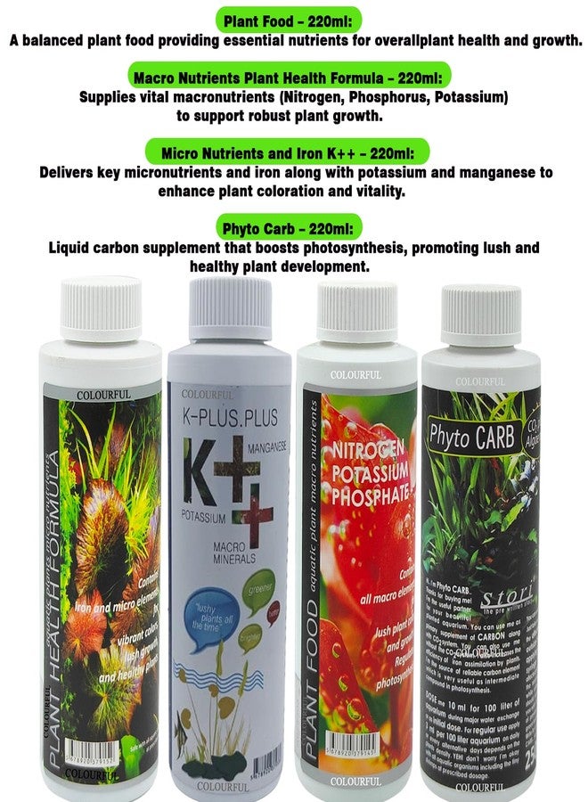 COLOURFUL - Aquatic Remedies 4-in-1 Plant Care Combo: Plant Health 220ml + Plant Food 220ml + K++ 220ml + Phyto Carb 220ml - Ultimate Aquarium Plant Nutrition Solution - Image 2