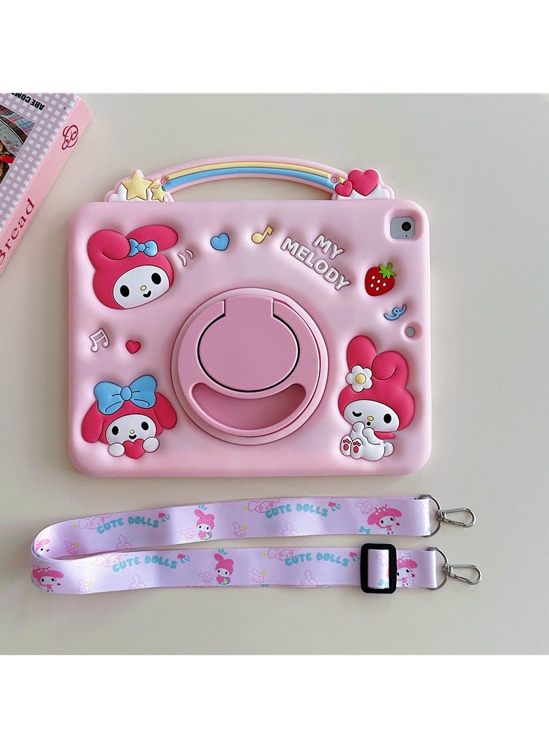 عام غطاء ميلودي الكارتوني السيليكوني للآيباد 7/8/9 (10.2 بوصة) - حامل دوار 360° مع حبل عنق، حماية كاملة من الصدمات - Image 1