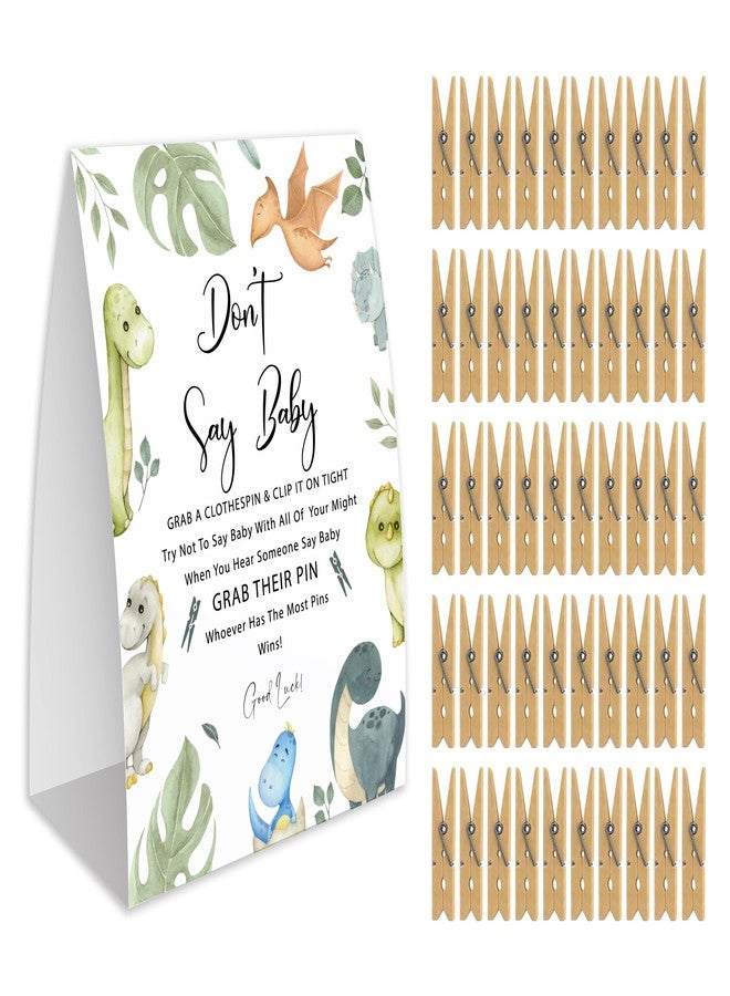 Xenseou Don't Say Baby Game for Baby Shower, 50 Wooden Clothespins and one Sign, Cartoon Dinosaur Theme, Pins for Baby Shower Decorations, Gender Reveal Games, Baby Shower Supplies-BB27 - Image 1
