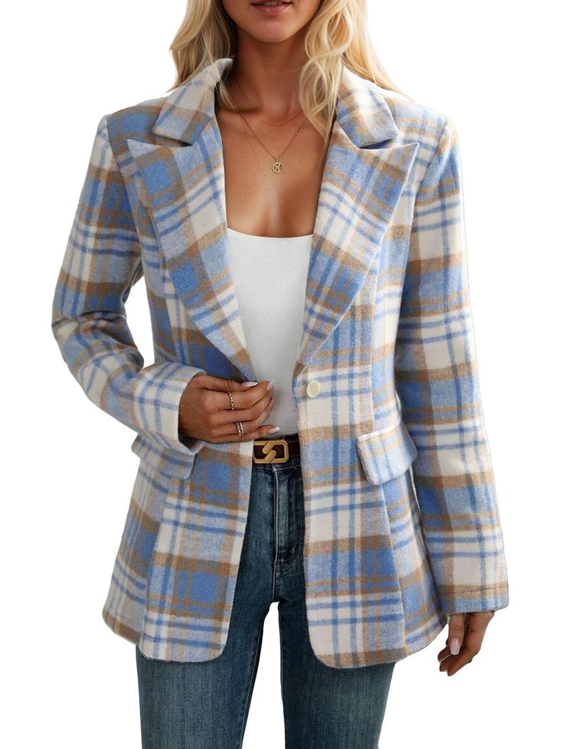 Mina Self Sweater Blazer Jacket for Women 2025 Fall Plaid Tweed Blue Petite Blazers Woman Long Trendy Dressy Winter Warm Cute Business Casual Work Women's Sweaters Womens Suit Jackets QY045 Blue S - Image 2
