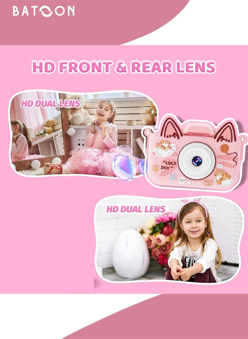 باتون كاميرا أطفال، صور بدقة 48 ميجابكسل، تقريب رقمي 8x، كاميرا فيديو رقمية عالية الدقة 1080 بكسل، مناسبة للأولاد/البنات من سن 3 إلى 12 عامًا، هدايا أعياد ميلاد ومناسبات للأطفال، بطاقة SD سعة 64 جيجابايت مع قارئ بطاقات (قطة وردية كبيرة الأذنين) - Image 4