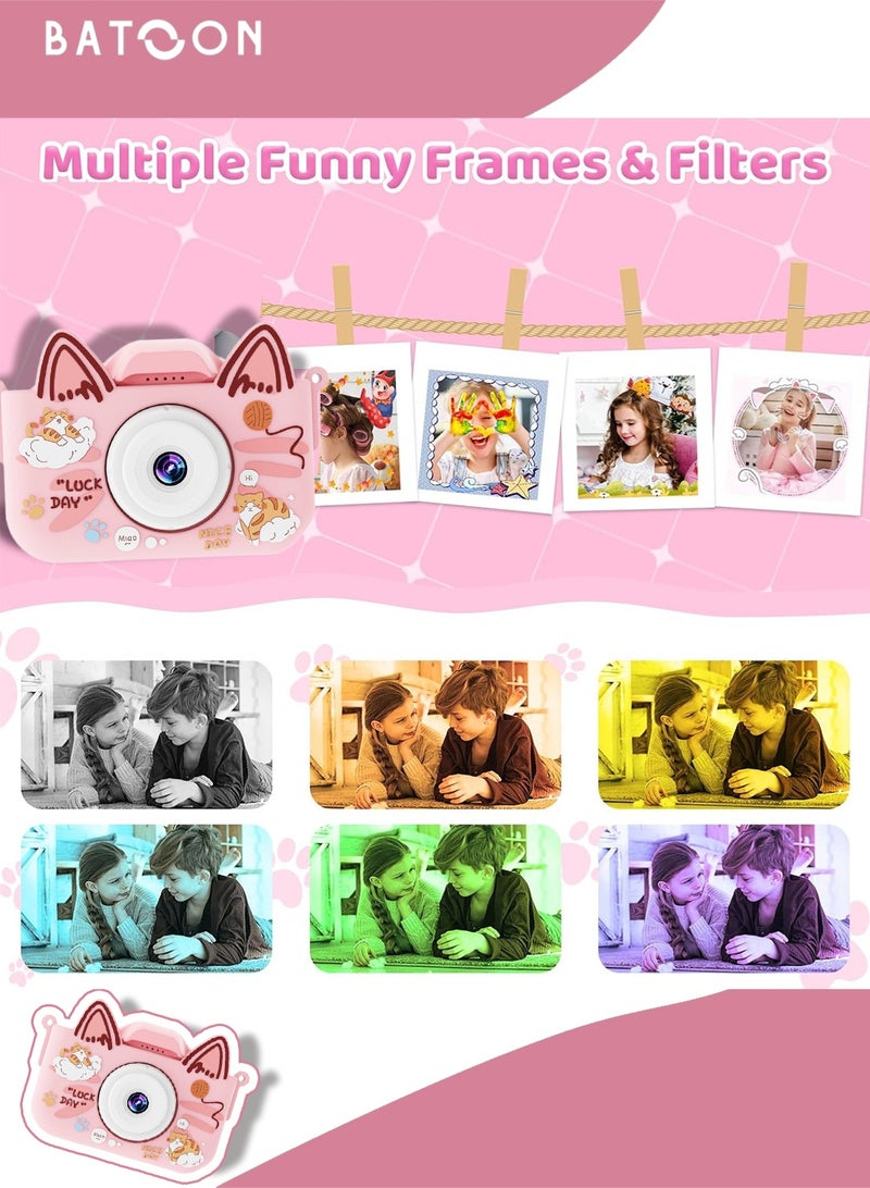 باتون كاميرا أطفال، صور بدقة 48 ميجابكسل، تقريب رقمي 8x، كاميرا فيديو رقمية عالية الدقة 1080 بكسل، مناسبة للأولاد/البنات من سن 3 إلى 12 عامًا، هدايا أعياد ميلاد ومناسبات للأطفال، بطاقة SD سعة 64 جيجابايت مع قارئ بطاقات (قطة وردية كبيرة الأذنين) - Image 5