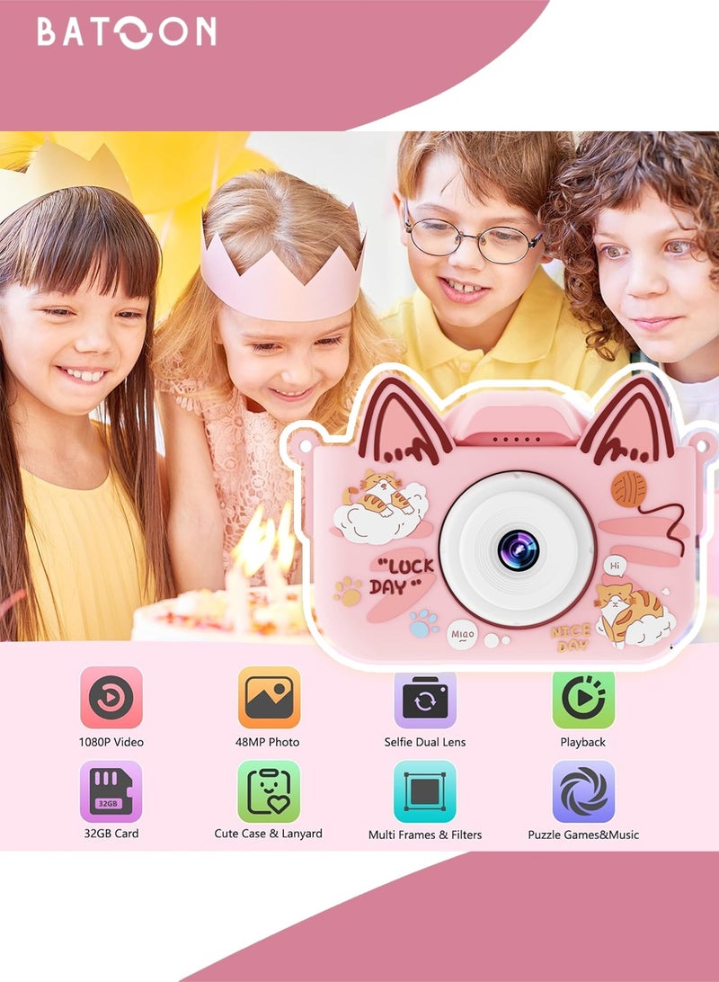 باتون كاميرا أطفال، صور بدقة 48 ميجابكسل، تقريب رقمي 8x، كاميرا فيديو رقمية عالية الدقة 1080 بكسل، مناسبة للأولاد/البنات من سن 3 إلى 12 عامًا، هدايا أعياد ميلاد ومناسبات للأطفال، بطاقة SD سعة 64 جيجابايت مع قارئ بطاقات (قطة وردية كبيرة الأذنين) - Image 2