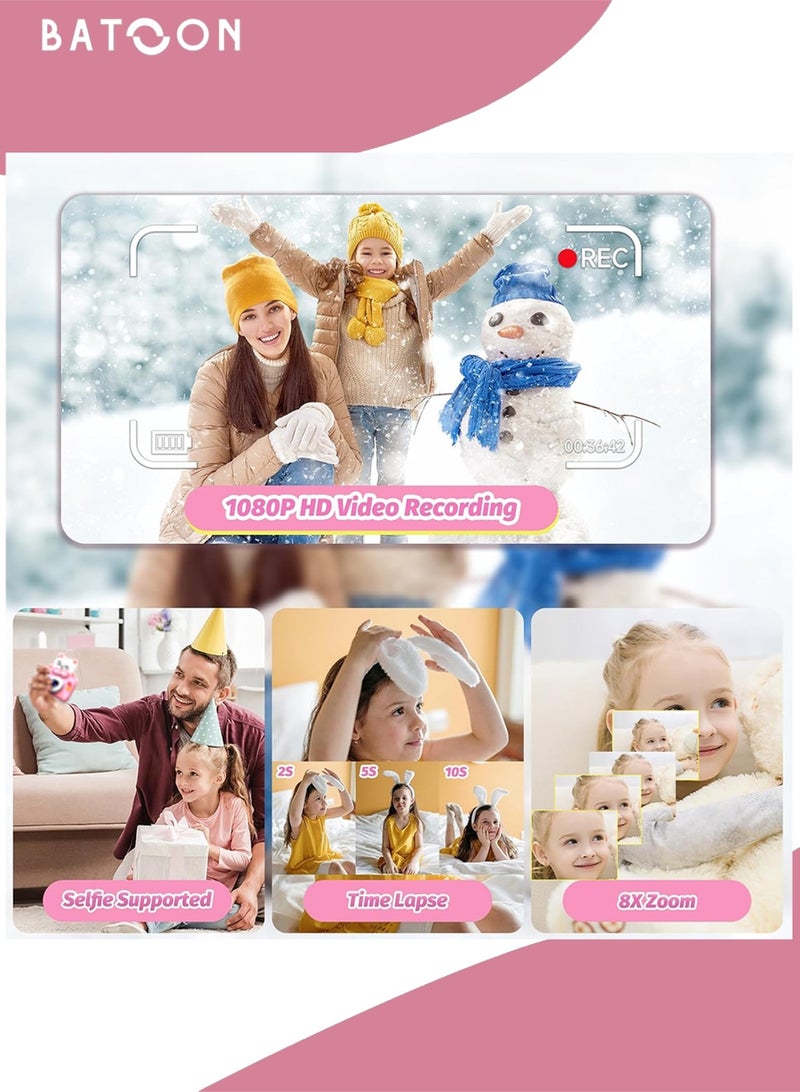 باتون كاميرا أطفال، صور بدقة 48 ميجابكسل، تقريب رقمي 8x، كاميرا فيديو رقمية عالية الدقة 1080 بكسل، مناسبة للأولاد/البنات من سن 3 إلى 12 عامًا، هدايا أعياد ميلاد ومناسبات للأطفال، بطاقة SD سعة 64 جيجابايت مع قارئ بطاقات (قطة وردية كبيرة الأذنين) - Image 3