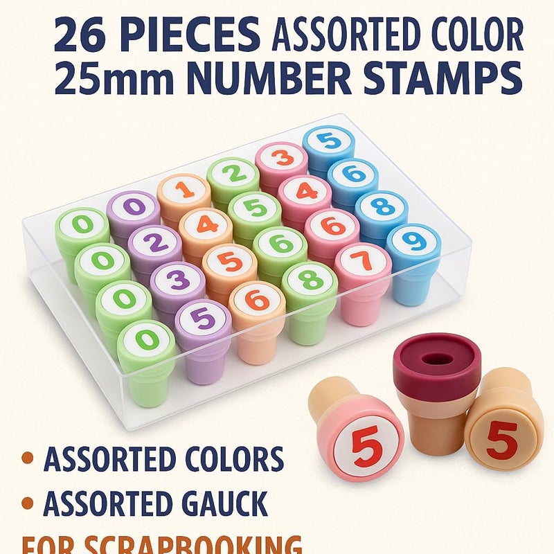 Fitto 26 Pieces Assorted Color 25mm Number Stamps for Scrapbooking, Stationery & Crafts - Image 2