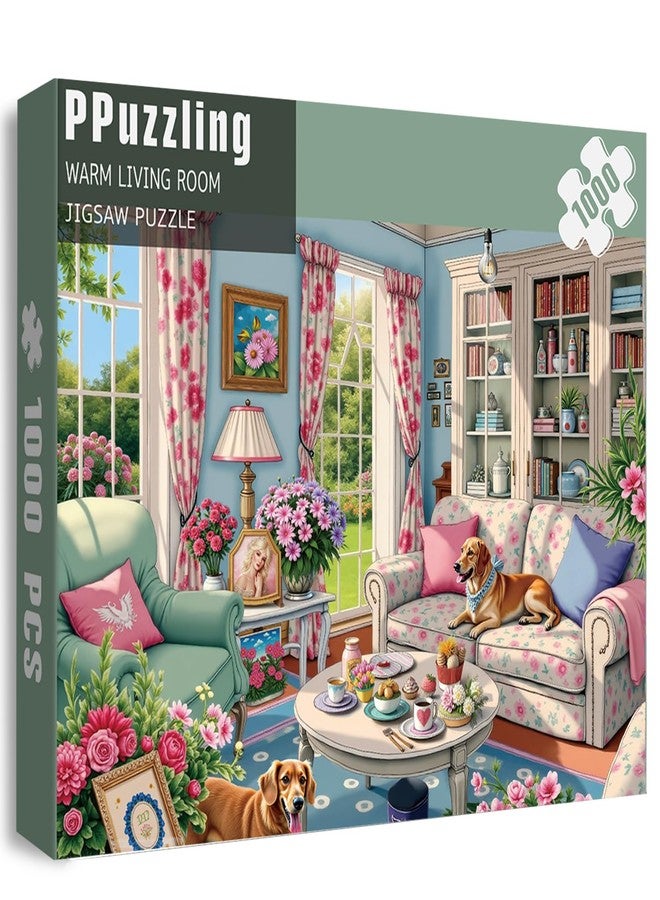 PPuzzling Living Room Puzzle 1000 Pieces for Adults, Flower Dog Jigsaw Puzzle, Challenging Floral Room Puzzle as Wall Decor - Image 1