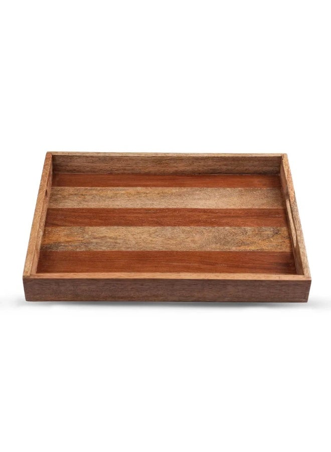 Artisan Handcrafted Striped Wooden Serving Tray - Rustic Multi-Tone Mango Wood Decor With Marble - Image 1