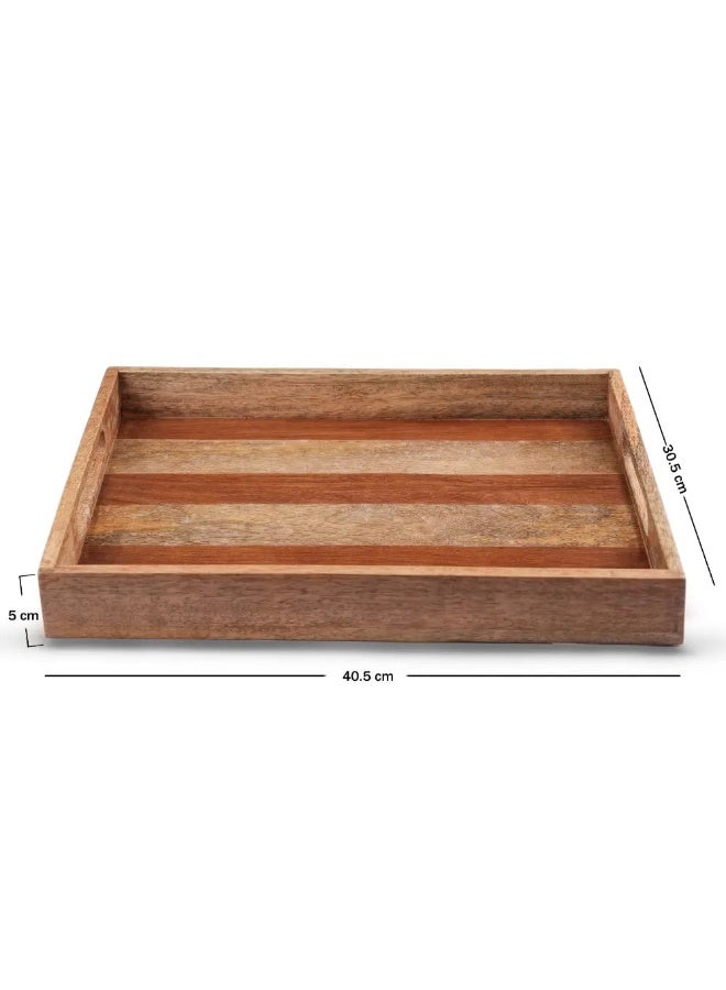 Artisan Handcrafted Striped Wooden Serving Tray - Rustic Multi-Tone Mango Wood Decor With Marble - Image 2
