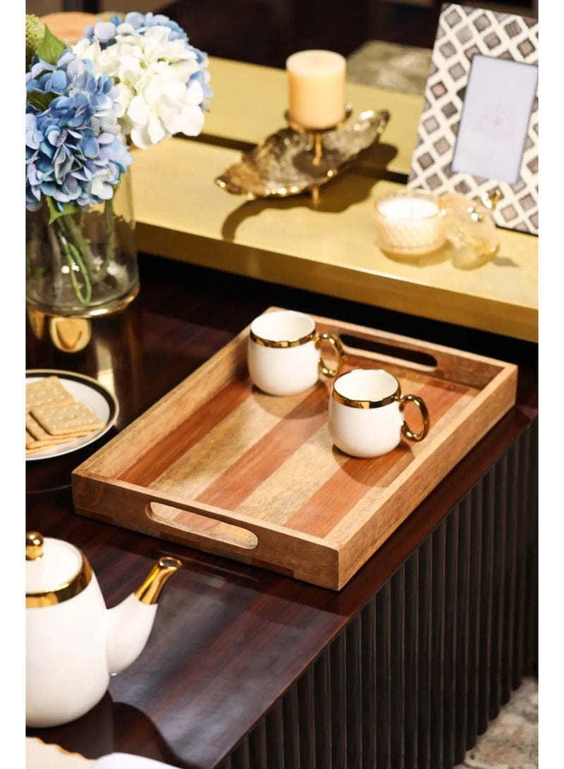 Artisan Handcrafted Striped Wooden Serving Tray - Rustic Multi-Tone Mango Wood Decor With Marble - Image 3