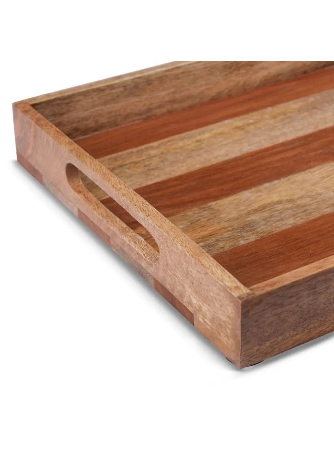 Artisan Handcrafted Striped Wooden Serving Tray - Rustic Multi-Tone Mango Wood Decor With Marble - Image 4
