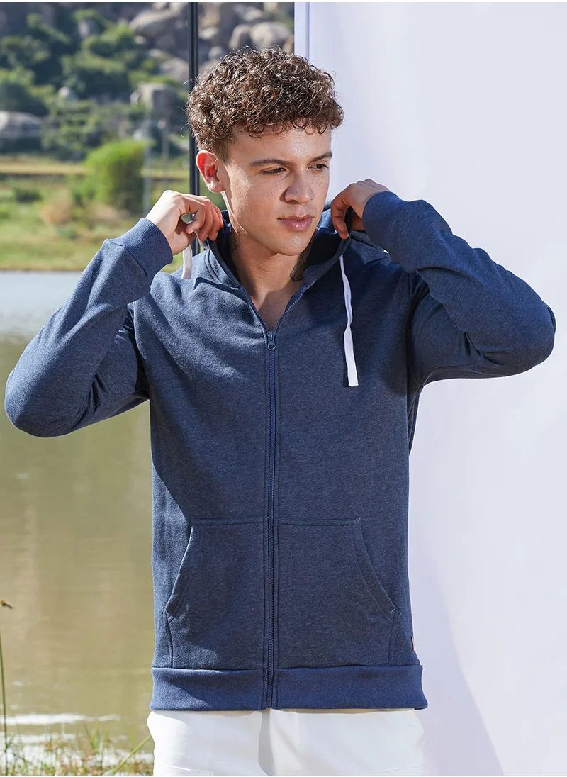 كامبوس سوترا Men's Dark Blue Zip-Front Hoodie With Contrast Drawstring
