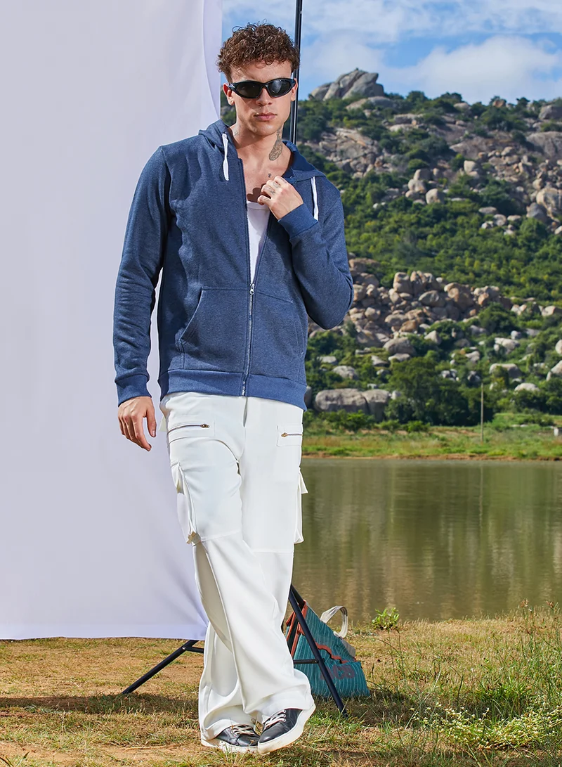كامبوس سوترا Men's Dark Blue Zip-Front Hoodie With Contrast Drawstring