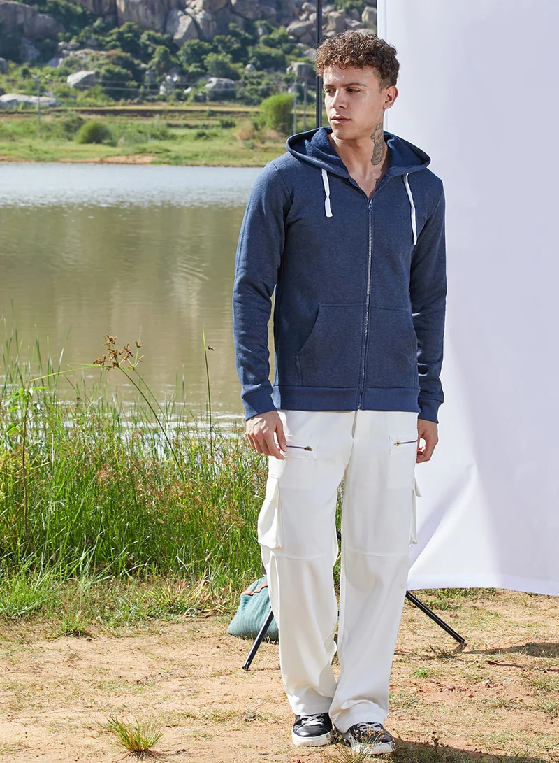 كامبوس سوترا Men's Dark Blue Zip-Front Hoodie With Contrast Drawstring