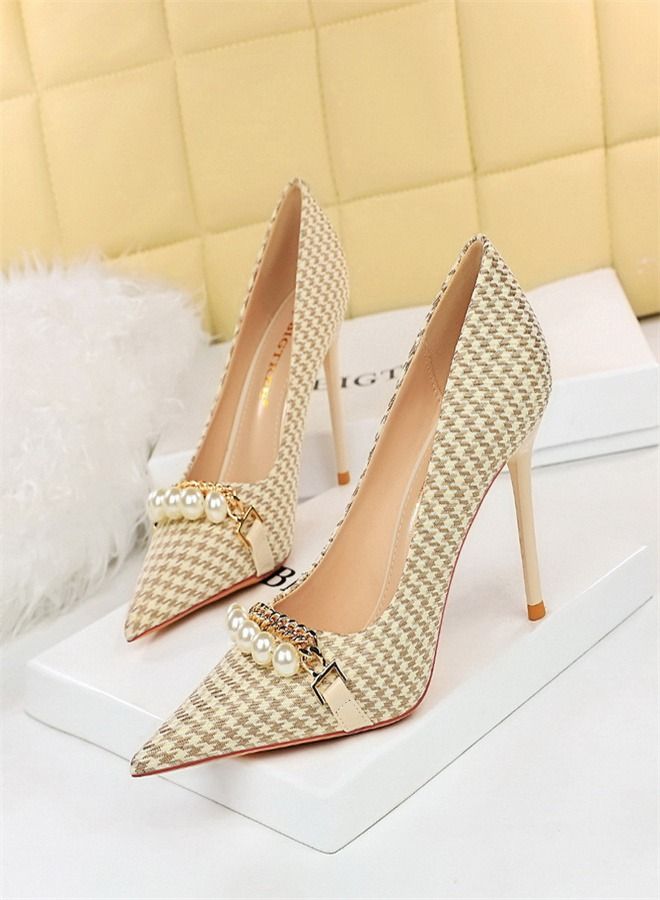 BIGTREE Pearl Chain Plaid High Heels 9.5CM 