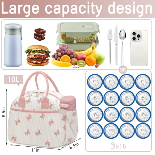 Carry bloom Lunch Box for Women Insulated Lunch Bag Cute Corduroy Lunchbag Reusable Lunchbox for Work bow pink upgraded - Image 3