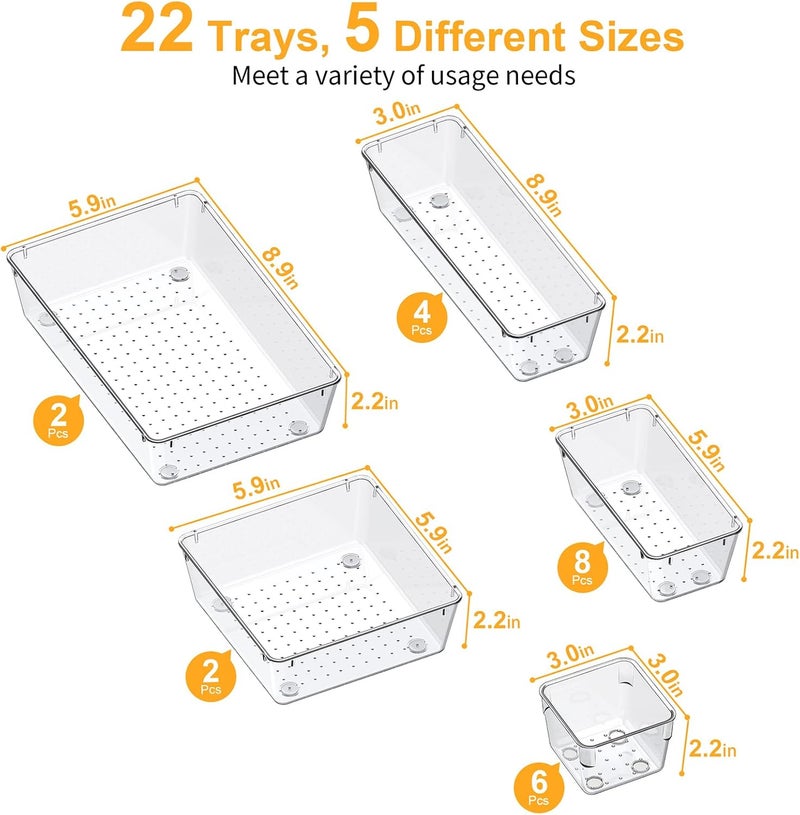 SMARTAKE 22-Piece Drawer Organizer with Non-Slip Silicone Pads, 5-Size Clear Desk Drawer Organizer Trays Storage Tray for Makeup, Jewelries, Utensils in Bedroom Dresser, Office and Kitchen, Clear - Image 3