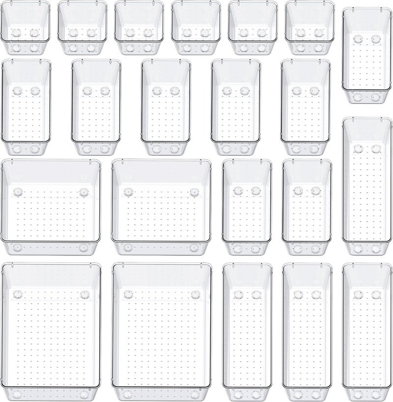 SMARTAKE 22-Piece Drawer Organizer with Non-Slip Silicone Pads, 5-Size Clear Desk Drawer Organizer Trays Storage Tray for Makeup, Jewelries, Utensils in Bedroom Dresser, Office and Kitchen, Clear - Image 1