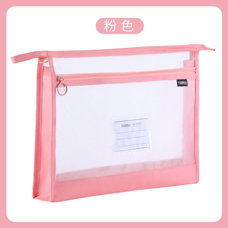 Generic New Transparent Double-Layer Nylon Mesh Document Bag for School Pink