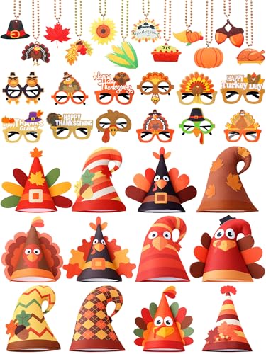 ShinyMatch 36 Pcs Thanksgiving Turkey Party Favors Set Turkey Felt Hat Bead Necklace Sunglass for Cosplay Party Photo Props - Image 1