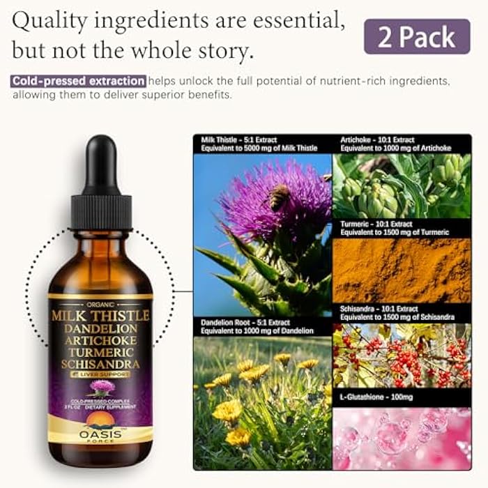OASIS FORCE 2 Pack Milk Thistle Drops for Liver Cleanse Detox & Repair, Milk Thistle Extract Liquid Supplement with Dandelion & Artichoke for Liver Support, Vegan, Organic, Alcohol-Free, 4 FL OZ - Image 2