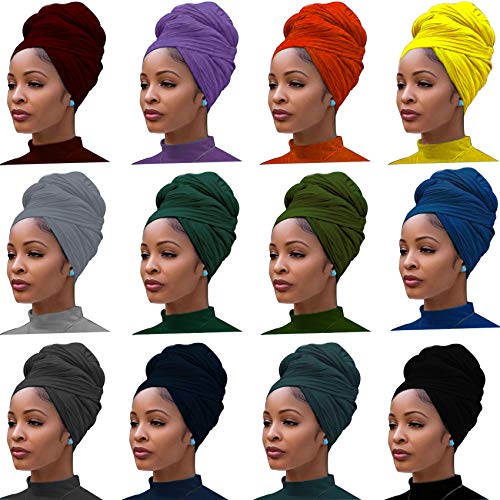 Messen 12 Pieces Head Wrap Scarf Stretch Jersey Turban Extra Long Ultra Soft Urban Headwraps for Women Solid Color African Headwear Headband Tie Wholesale Set 03 - Image 1