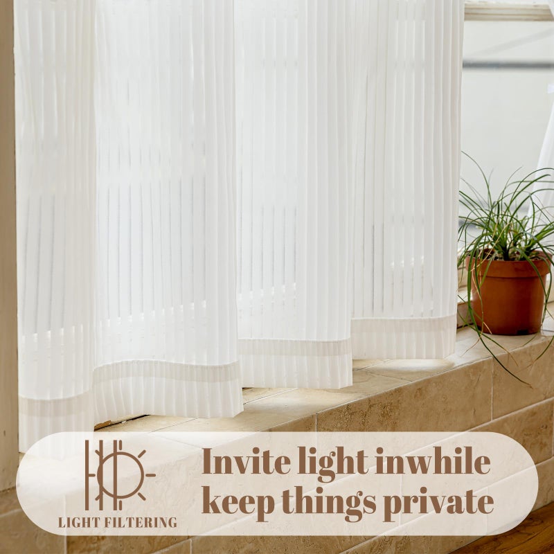Jilron Short Kitchen Curtains Sheer Cafe Curtain with White Stripe Pattern for Window Over Sink, Privacy & Decorative Kitchen Blinds (White-25 W x 24" L-2 Panels) - Image 3