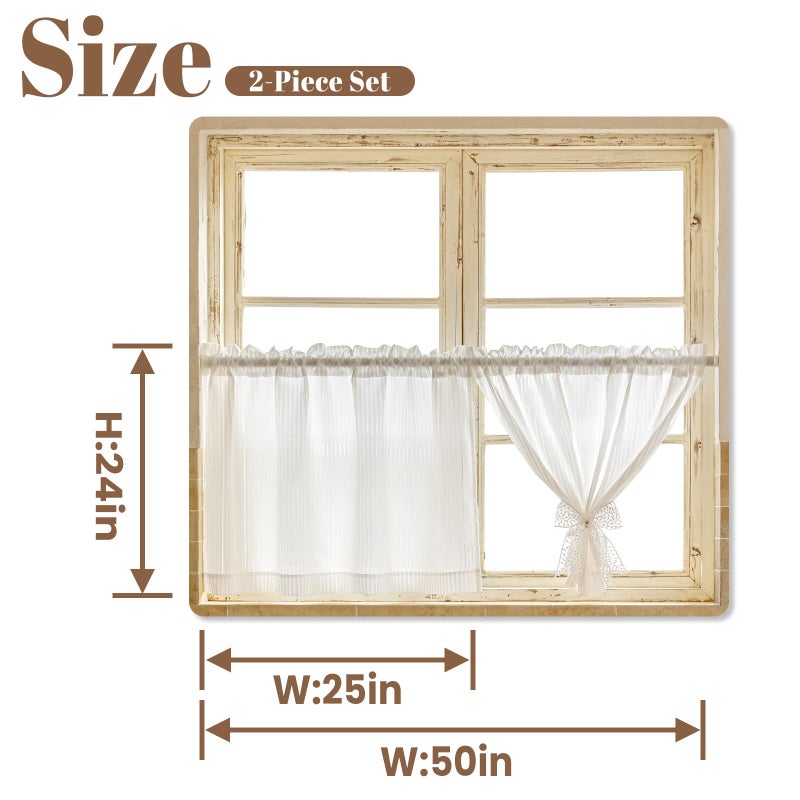 Jilron Short Kitchen Curtains Sheer Cafe Curtain with White Stripe Pattern for Window Over Sink, Privacy & Decorative Kitchen Blinds (White-25 W x 24" L-2 Panels) - Image 2