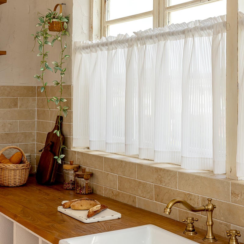 Jilron Short Kitchen Curtains Sheer Cafe Curtain with White Stripe Pattern for Window Over Sink, Privacy & Decorative Kitchen Blinds (White-25 W x 24" L-2 Panels) - Image 1