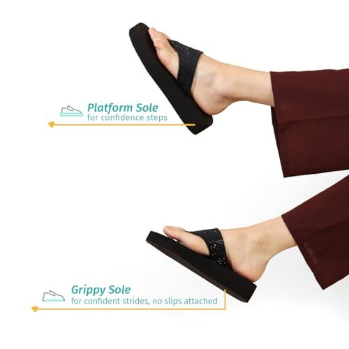YOHO SDL 107 Slippers for Women | Velvet V-Strap Slip-On Chappals | Stylish Flat Footwear & Sandals for Ladies | Comfortable Platform for Daily Use | Classic Black -UK 8 - Image 5